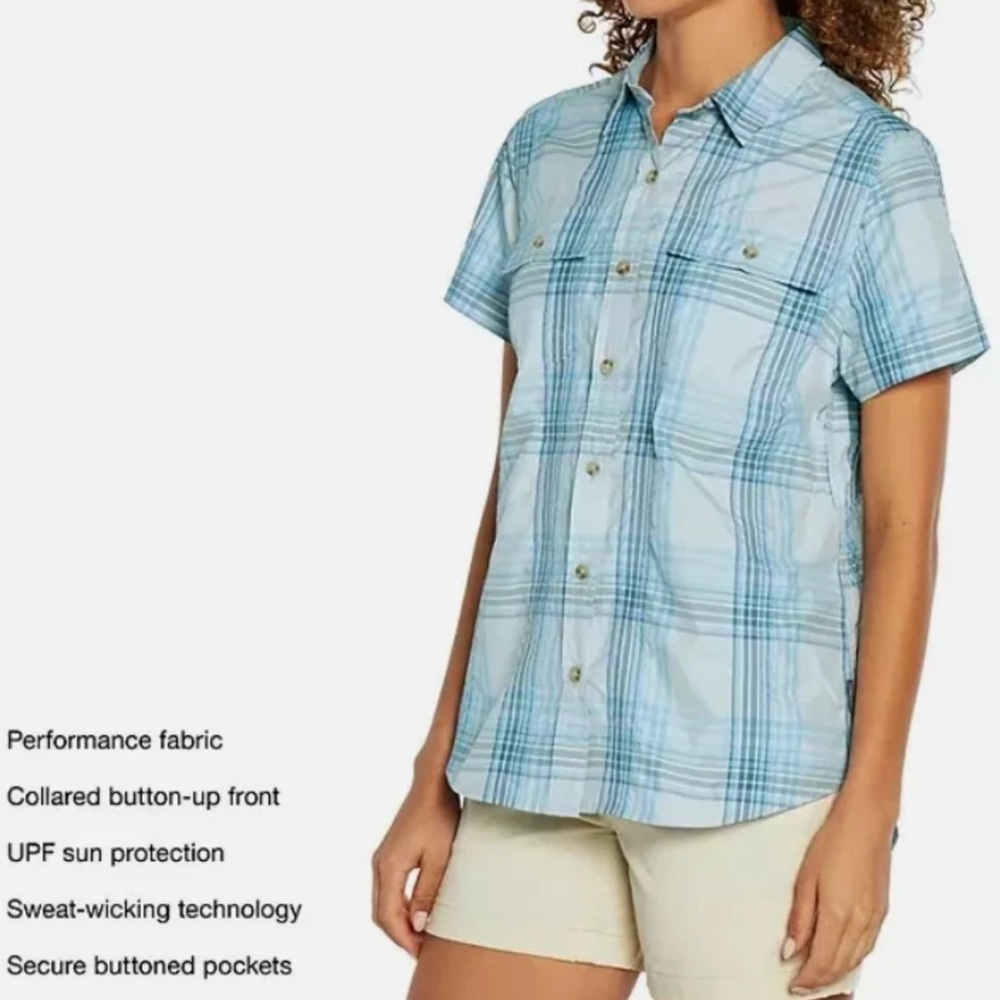 XL New Eddie Bauer Ladies Short Sleeve Adventure Shirt Blue Plaid Button up UPF